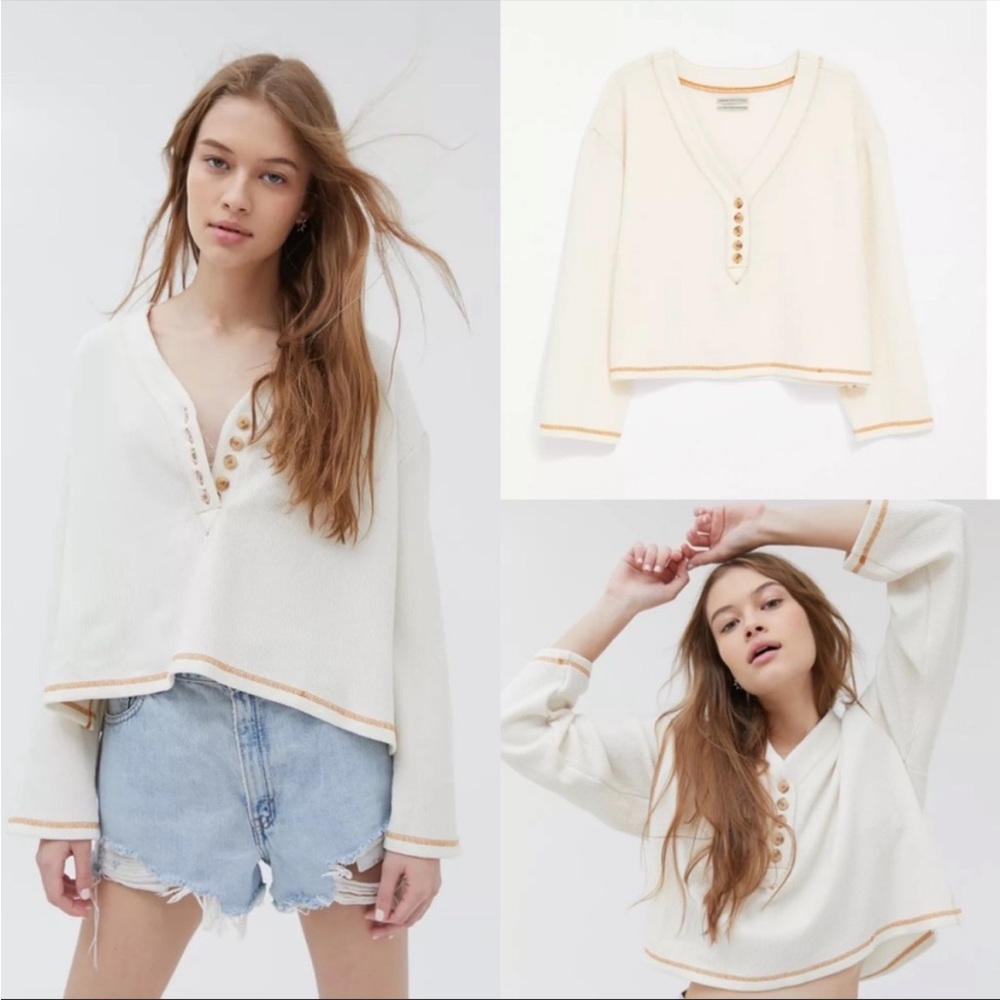 Urban Outfitters Clearwater Henley Cropped pullover, Size Small Oversized Knit
